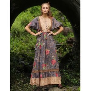 Tulle & Batiste Maxi Dress XL Floral Leopard Print Bohemian Boho Short Sleeve